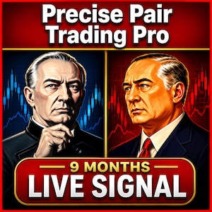 May include: A digital graphic titled Precise Pair Trading Pro featuring two portraits of a person in a suit. The left side shows blue stock market charts, and the right side shows red charts. A red banner at the bottom reads 9 MONTHS LIVE SIGNAL.