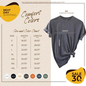 The image is a promotional graphic for a clothing store, featuring a gray t-shirt with measurements and color options. The t-shirt is displayed in various sizes, and the image includes a sale offer of 30% off.