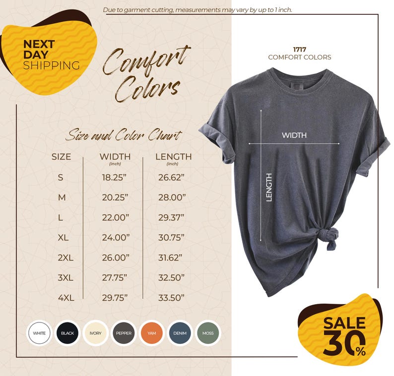 The image is a promotional graphic for a clothing store, featuring a gray t-shirt with measurements and color options. The t-shirt is displayed in various sizes, and the image includes a sale offer of 30% off.