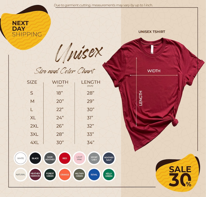 The image is a promotional graphic for a clothing brand, specifically an unisex t-shirt. It features a red t-shirt with size and color charts, along with a variety of colors and sizes displayed. The image also includes a sale offer of 30% off.