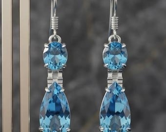 Pendientes colgantes de topacio azul cielo, pendientes colgantes en forma de lágrima, joyería artesanal de piedras preciosas, piedra de nacimiento de diciembre, elegantes pendientes de boda para novias.