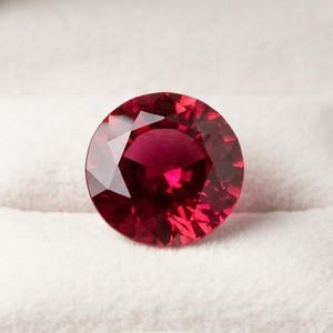 May include: A round, faceted, deep red gemstone displayed inside a small, open wooden box. The box features a polished, dark brown wood grain exterior and a soft, white, padded interior lining designed to hold the circular, brilliant-cut stone.