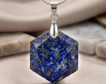 Lapis Lazuli Hexagon Pendant Necklace, Certified Blue Lapis Gemstone Jewelry, Geometric Crystal , Healing Stone Charm, Spiritual Jewelry