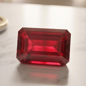 Puede incluir: Una piedra preciosa de color rojo intenso con talla esmeralda, que presenta una forma rectangular y múltiples facetas que reflejan la luz. La piedra tiene un tono carmesí vibrante y saturado, colocada en posición vertical con bordes definidos.
