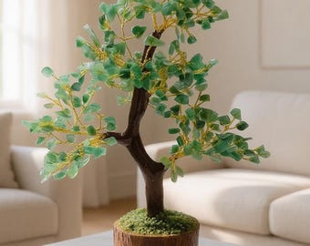 Árbol de la Vida de Cristal de Jade Decorativo – Bonsái de Piedra Preciosa Verde Natural, Árbol del Dinero Feng Shui, Detalle Espiritual Hecho a Mano, Decoración de Escritorio de Oficina