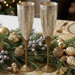 May include: Two tall champagne flutes with metallic silver bowls featuring an intricate etched floral pattern and slender antique brass stems and bases. The flutes have a tapered design and a polished finish, standing upright on a table.