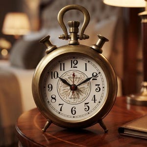 May include: A round, antique-style brass alarm clock with a white face, black Arabic numerals, and a central floral pattern. The clock features a top handle, two bell-like protrusions, and thin black hands. The text London is printed below the center.