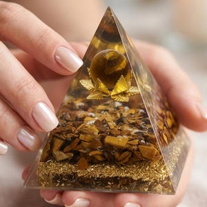 Tiger eye gemstone energy pyramid used in crystal grids for abundance, courage, and leadership strength.