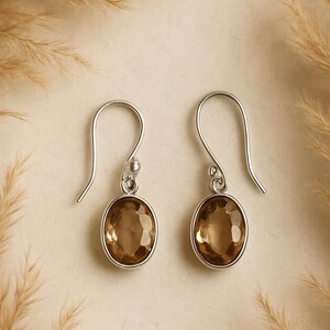 Handmade peach gemstone drop earrings set in sterling silver featuring oval faceted crystal stones, elegant minimalist dangle jewelry perfect for bridesmaid gifts, wedding accessories, birthday or anniversary gift for women.