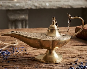 May include: A polished brass oil lamp featuring an elongated spout, a central conical lid attached by a delicate metal chain, and a curved handle. The body of the lamp is decorated with intricate floral engravings and rests on a pedestal base.