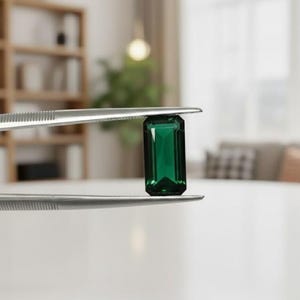 High quality green emerald gemstone with emerald cut rectangular shape, loose precious crystal for custom jewelry making, fine engagement rings and elegant pendant settings.