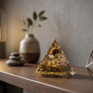 Tiger eye manifestation pyramid for wealth attraction and positive energy flow, suitable for meditation rooms and spiritual altars.