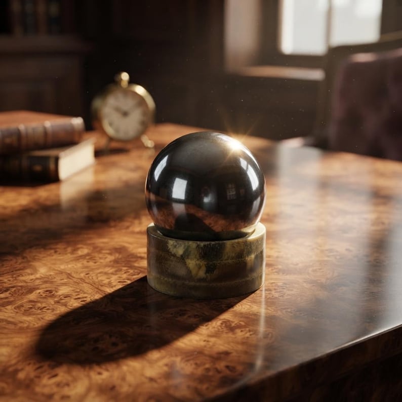 A glossy polished black tourmaline sphere resting elegantly on a vintage brass metal ring stand, displayed on a textured beige fabric surface. Perfect natural crystal ball decor for grounding energy and home office placement.