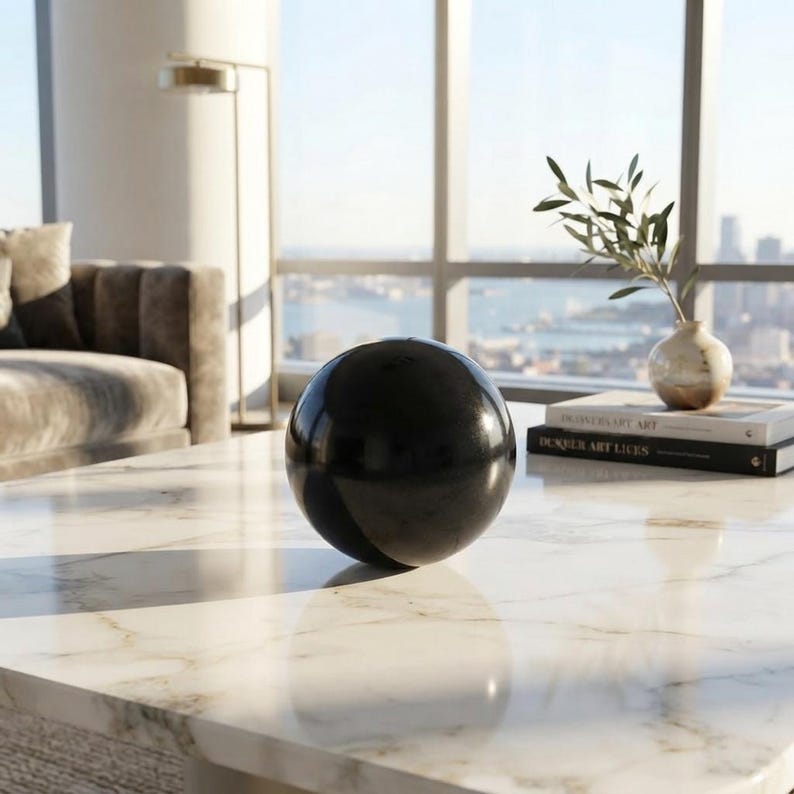 Close up of an authentic black tourmaline gemstone orb sitting on a rustic brass stand, highlighting its rich dark surface and smooth finish. A powerful protection crystal gift for meditation room and office desk.