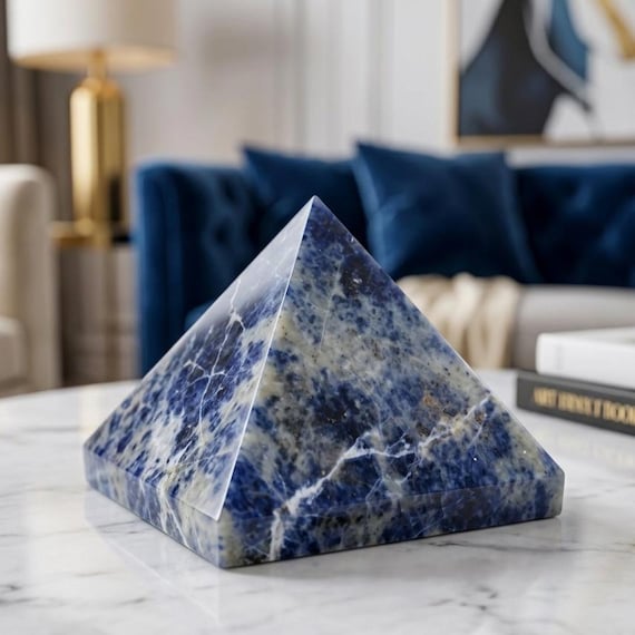 Sodalite Pyramid Crystal – Certified Natural Blue Healing Stone, Meditation Decor, Reiki Energy, Gemstone Pyramid, Spiritual Home Decor