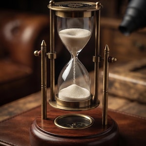 May include: An antique-style hourglass with a brass frame and clear glass bulbs containing white sand. The hourglass is mounted on a circular dark wood base that features an integrated compass. The metal frame includes vertical supports.