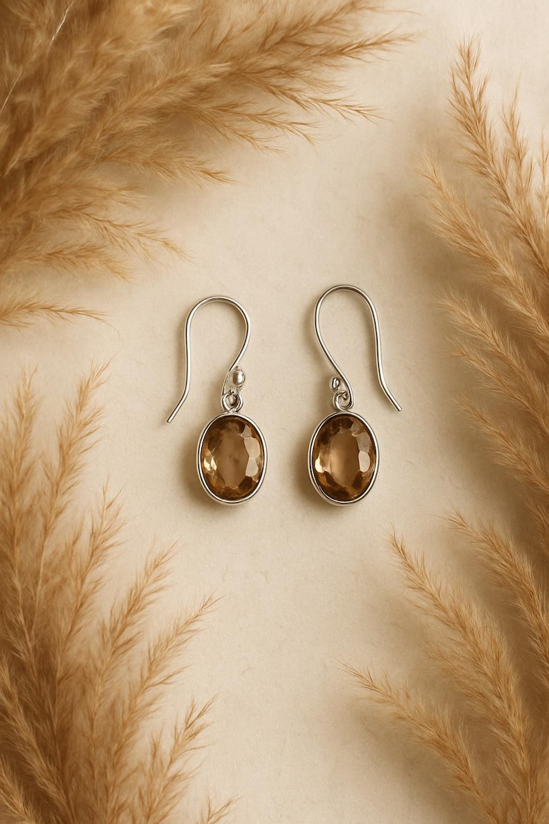 Handmade peach gemstone drop earrings set in sterling silver featuring oval faceted crystal stones, elegant minimalist dangle jewelry perfect for bridesmaid gifts, wedding accessories, birthday or anniversary gift for women.