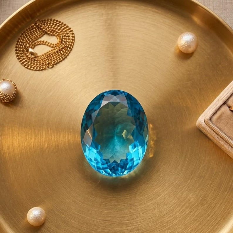 Genuine Swiss Blue Topaz oval crystal, loose gemstone with elegant sparkle for bridal engagement ring centerpiece and December birthstone gift.