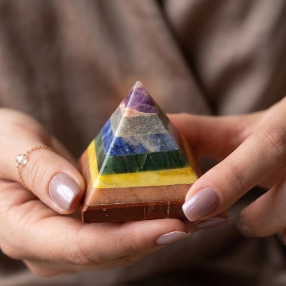 Rainbow 7 Chakra Gemstone Pyramid, Certified  Healing Crystal Pyramid for Reiki Meditation, Balancing Spiritual Decor, Feng Shui Pyramid