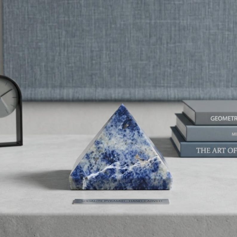 Handmade natural sodalite pyramid crystal used for throat chakra healing, Reiki therapy and mindfulness practices in sacred spaces.