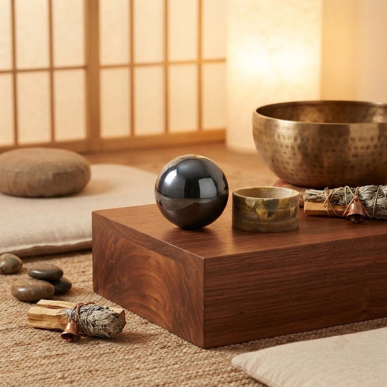 High quality natural black tourmaline stone sphere showing polished dark shine with subtle natural metallic flecks, mounted on an antique brass base. Ideal protection crystal orb for spiritual healing and home decor.
