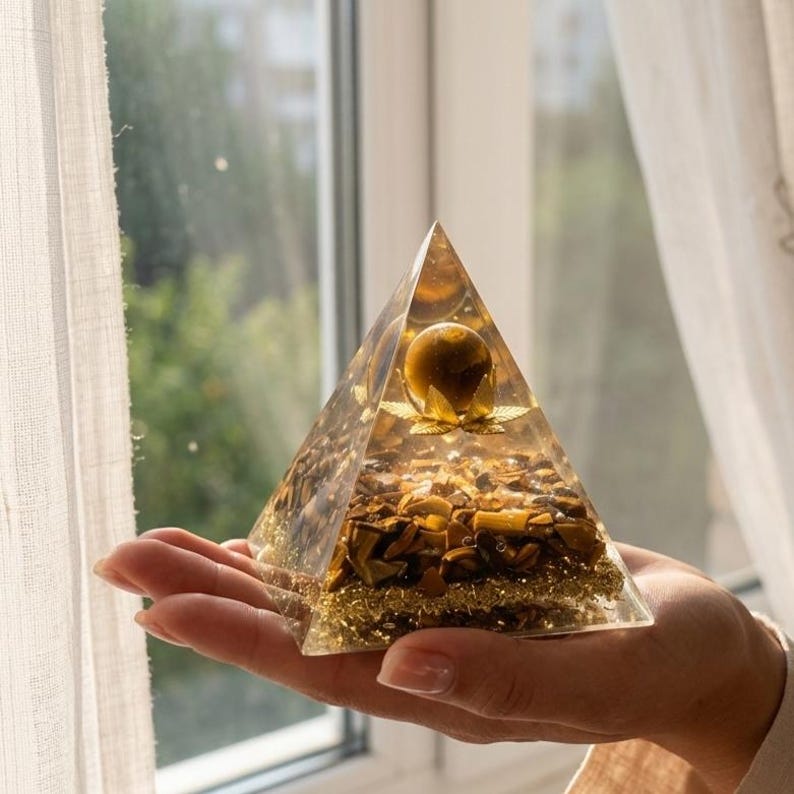 Natural tiger eye crystal pyramid with golden brown bands, used as a protection stone for wealth attraction, solar plexus chakra healing, Reiki meditation, and Feng Shui home decor.