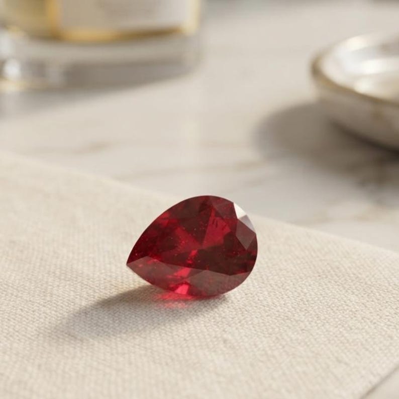 Close up of pear shaped natural ruby loose gemstone showing deep red saturation and sparkling facets, perfect July birthstone for pendant or ring making