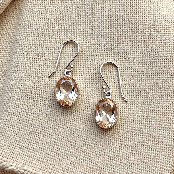 Peach Gemstone Earrings , Oval Faceted Drop Earrings, Minimalist Dangle Jewelry, Handmade Peach Crystal Earrings, Bridesmaid Gift for Her,