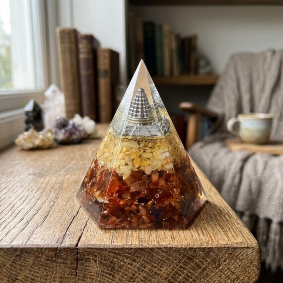 Crystal Orgone Pyramid for Healing and Protection, Chakra Alignment Energy Generator, Spiritual Reiki Decor, Desk Accessory, Meditation Gift