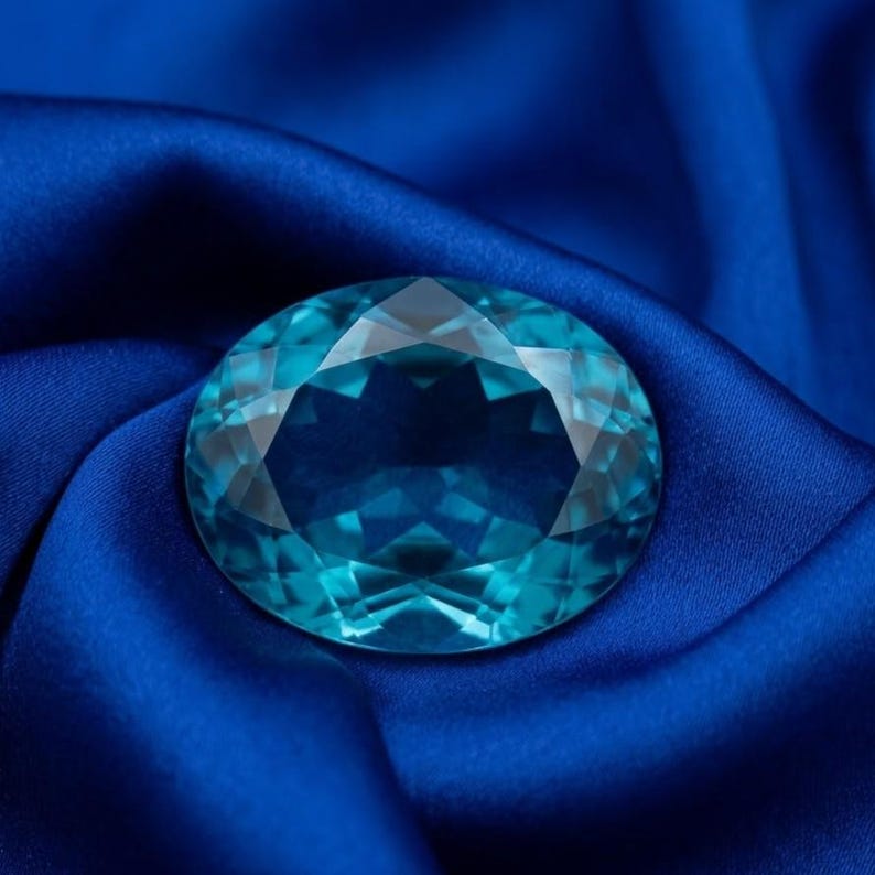 Faceted oval Swiss Blue Topaz gemstone with deep sky blue brilliance, loose gem ideal for jewelry designers creating engagement rings and statement pieces.