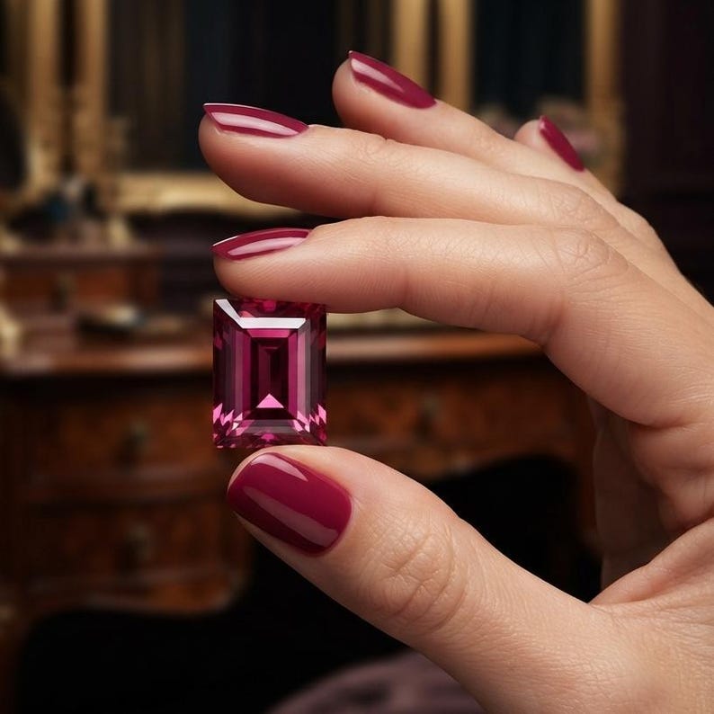 Deep red ruby cabochon loose gem displayed in tweezers highlighting smooth finish and natural inclusions, ideal for ring or pendant