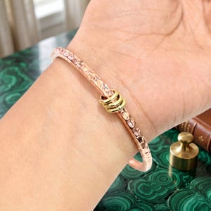Handmade Hammered Copper Bangle with Delicate Gold Accent Rings, Minimalist Boho Stackable Bracelet, Artisan Copper Jewelry for Her Gift