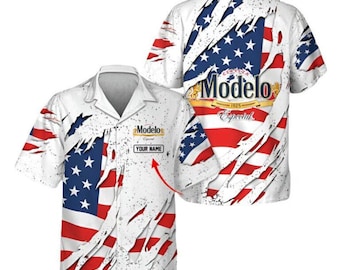 Modelo Summer Tropical Hawaiian Shirt, American Flag – Patriotic Independence Day Button Up Shirt,Summer Vacation Shirt Aloha Shirt
