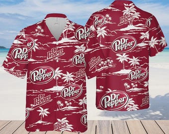 Dr. Pepper Tropical Hawaiian Shirt, Red Beach Palm Print Button Up, Summer Vacation Shirt, Island Style Aloha Shirt, Unisex 3D Casual Shirt