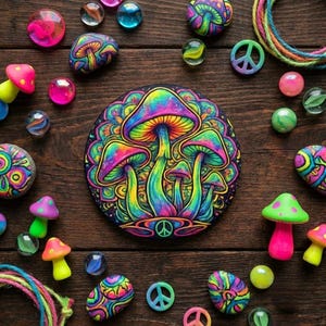 May include: A collection of colorful, psychedelic-themed decorative items. The image features a central, round design with vibrant mushrooms, surrounded by painted stones, marbles, peace signs, and mushroom-shaped figurines. The color palette includes rainbow hues on a dark wood surface.