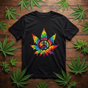 May include: Black t-shirt with a vibrant cannabis leaf design. The leaf is a rainbow gradient with a peace symbol at its core and dripping effects. Green cannabis leaves surround the shirt on a wooden surface.