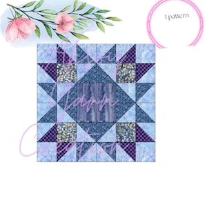 May include: A square quilt block pattern featuring a central star design composed of various blue and purple fabric squares. The block includes light blue, dark blue, and purple patterned fabrics with floral and geometric motifs. Text reads 1 pattern.