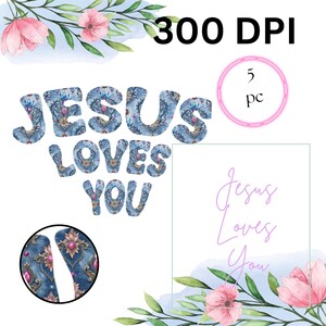 Könnte beinhalten: Ein digitales Design mit den Worten "JESUS LOVES YOU" in einem blau-goldenen Blumenmuster. Das Bild enthält einen rosa Kreis mit "5 Stück" und einen gerahmten Text mit der Aufschrift "Jesus Loves You" in einer Schriftart, mit floralen Akzenten.
