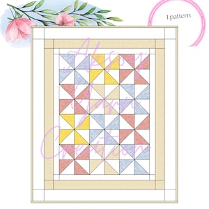 May include: A rectangular quilt design featuring a grid of half-square triangles in shades of yellow, light blue, and coral pink, surrounded by a solid beige border and a white frame. The text 1 pattern is visible in the upper right corner.