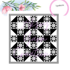 May include: A square quilt pattern featuring a repeating geometric design of black, white, and gray star blocks arranged in a grid. The design includes large solid black triangles and smaller star motifs. The text 1 pattern is visible in the top right corner.
