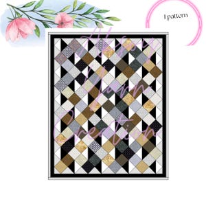 May include: A rectangular quilt featuring a geometric lattice pattern composed of diamond-shaped fabric patches in shades of gold, black, gray, and white. The design includes various textures and prints, framed by a solid black border. Text reads 1 pattern.