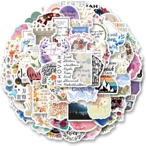 May include: A collection of colorful stickers with various designs and inspirational quotes. The stickers feature floral patterns, mountain landscapes, and religious text. The color palette includes blues, pinks, greens, and yellows.
