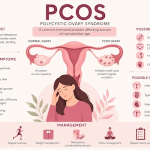 Könnte beinhalten: Infografik zum polyzystischen Ovarialsyndrom (PCOS), die das weibliche Fortpflanzungssystem zeigt. Das Bild hebt Symptome, Ursachen und Komplikationen hervor. Der Text enthält Informationen über hormonelle Ungleichgewichte und deren Auswirkungen.