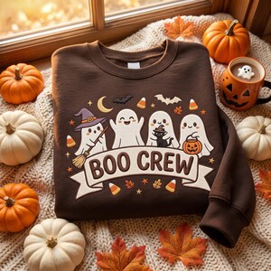 Sudadera Boo Crew bordada, suéter de cuello redondo con fantasma lindo de Halloween, suéter de otoño para la temporada espeluznante, ropa de fantasma, bruja y gato negro