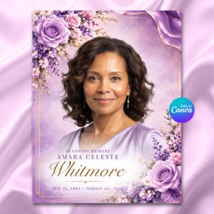 May include: A memorial funeral program template featuring a portrait of a person with dark wavy hair, surrounded by purple roses and lavender floral accents. The text reads IN LOVING MEMORY AMARA CELESTE Whitmore July 15, 1965 - August 20, 2026.