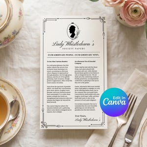 以下が含まれることがあります： 「Lady Whistledown's Society Papers」のテキストと装飾的なボーダーが入った、ヴィンテージスタイルの印刷された紙。画像にはティーカップ、ティーポット、カトラリー、花が含まれており、ティーパーティーのテーマを示唆しています。