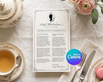 Modèle de papiers Lady Whistledown Society, jeu de thé Regency (téléchargement numérique Canva)
