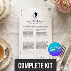 Peut inclure: Un kit complet avec un document de style vintage intitulé "Lady Whistledown's Society Papers". Le document est entouré d'un service à thé, de fleurs et d'une assiette de macarons. Le texte "COMPLETE KIT" est en bas.