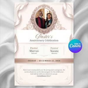 Puede incluir: Un folleto de celebración de aniversario pastoral con un marco ovalado central que muestra a dos miembros del clero. El texto dice Pastor's Anniversary Celebration, Pastor Marcus Samuel, Pastor Naomi Bennett, Friday, December 22, 2026, y Joshua 1:9.