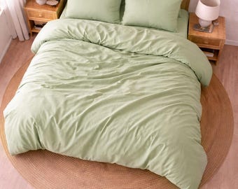 Saliegroene dekbedovertrekset, zacht gewassen katoenen beddengoed, minimalistisch beddengoed, queen/kingsize, boho slaapkamerinrichting